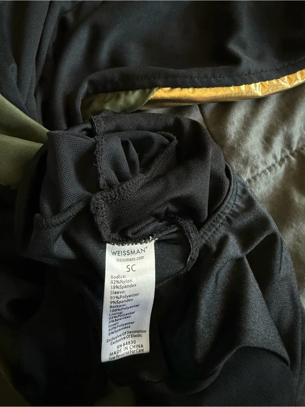 Weissman Black Jumpsuit with Olive Panels and Gold Accents